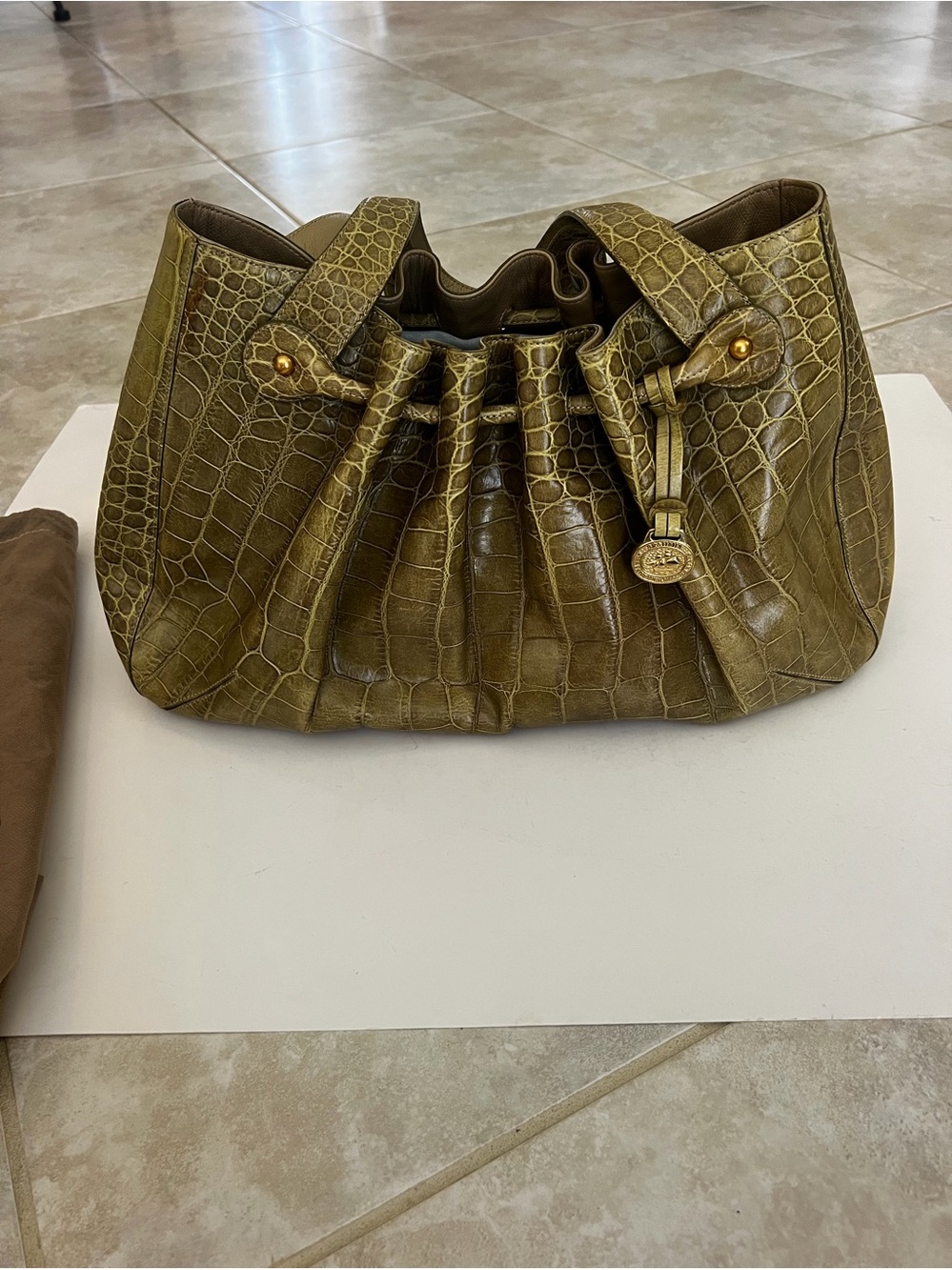 Beautiful Brahmin Olive Croc-Embossed Drawstring Leather Shoulder Bag